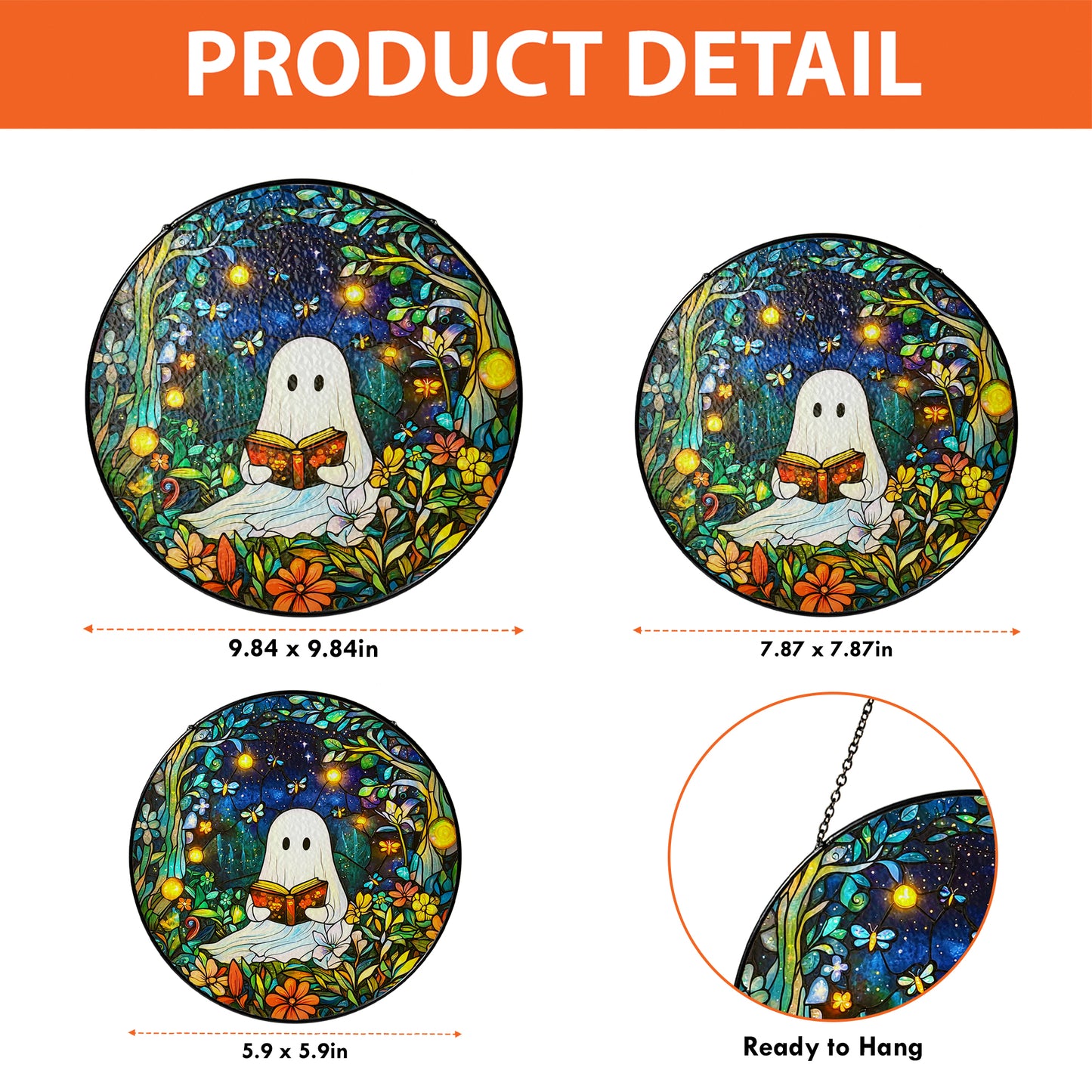 Netecom Reading Ghost in Forest Stained Glass Suncatcher, Firefly Night Window Hanging, Whimsical Glass Decor, Unique Gift for Book Lovers and Cozy Home Accent