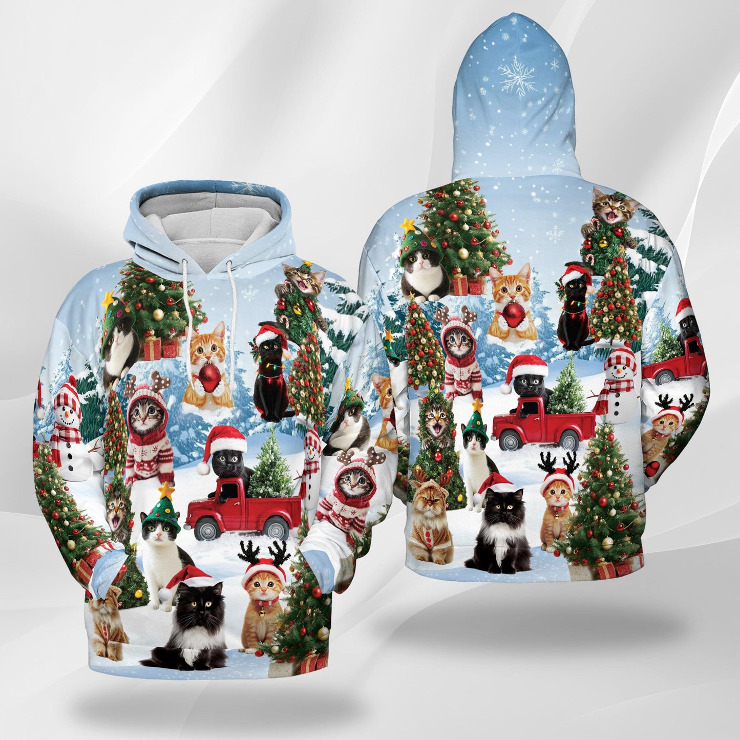 Netecom Cat Christmas Santa Print Hoodie with Front Pocket, Cat Lover Gift, All Over Graphic Animal Sweatshirt Unisex Casual