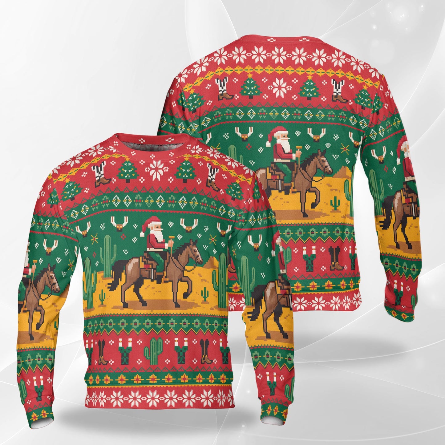 Netecom Western Cowboy Santa Christmas Sweatshirt 3D All Over Print, Horse Cactus Design, Crewneck Pullover for Costume Party