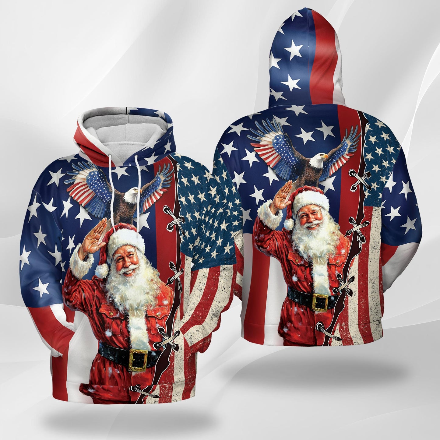 Netecom Patriotism American Christmas Print Hoodie with Front Pocket, All Over Graphic Eagle USA Flag Sweatshirt Unisex Casual