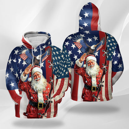 Netecom Patriotism American Christmas Print Hoodie with Front Pocket, All Over Graphic Eagle USA Flag Sweatshirt Unisex Casual