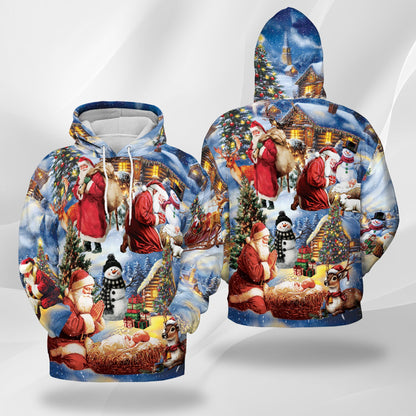Netecom Christmas Nativity Print Hoodie with Front Pocket, All Over Santa Claus Jesus Holiday Graphic Sweatshirt Unisex Casual