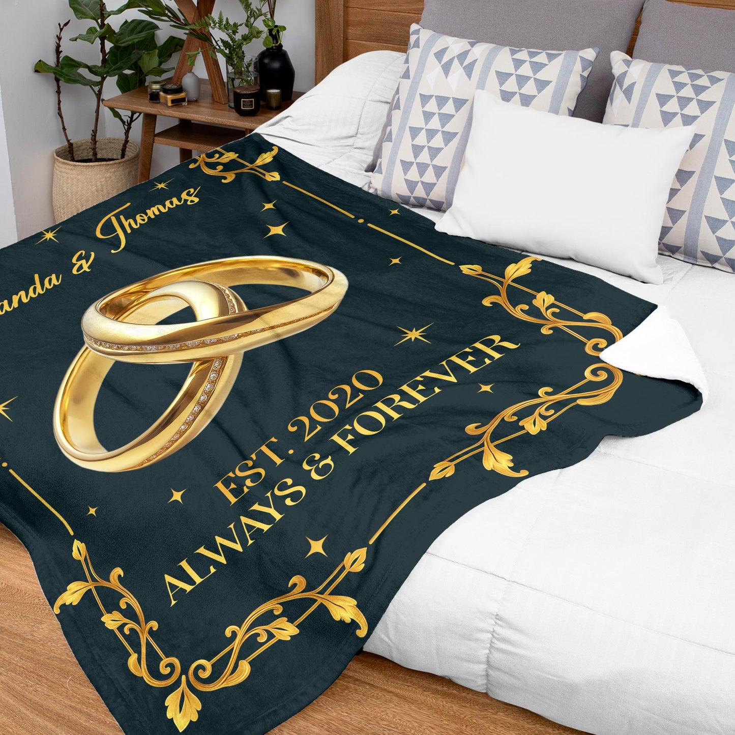 Netecom Personalized Wedding Anniversary Blanket for Couple, Custom Name and Year Throw Blanket with Gold Rings for Couch, Bed or Sofa, Romantic Gift for Husband & Wife, Engagement or Valentine’s Day