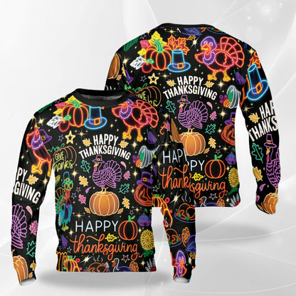 Netecom Funny Happy Turkey Day Sweatshirt 3D All Over Print, Neon Thanksgiving Design, Crewneck Pullover for Costume Party