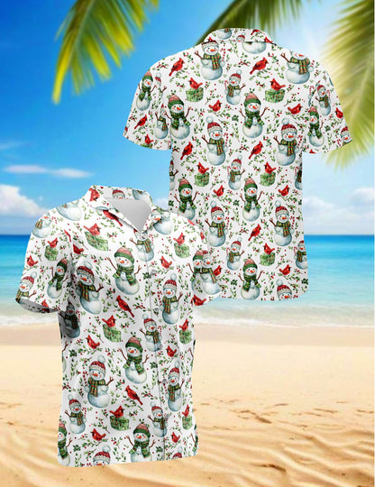 Netecom Snowman and Red Cardinal Christmas Hawaiian Shirt for Men, Cute Holiday Button Down Summer Beach Shirts, S-5XL