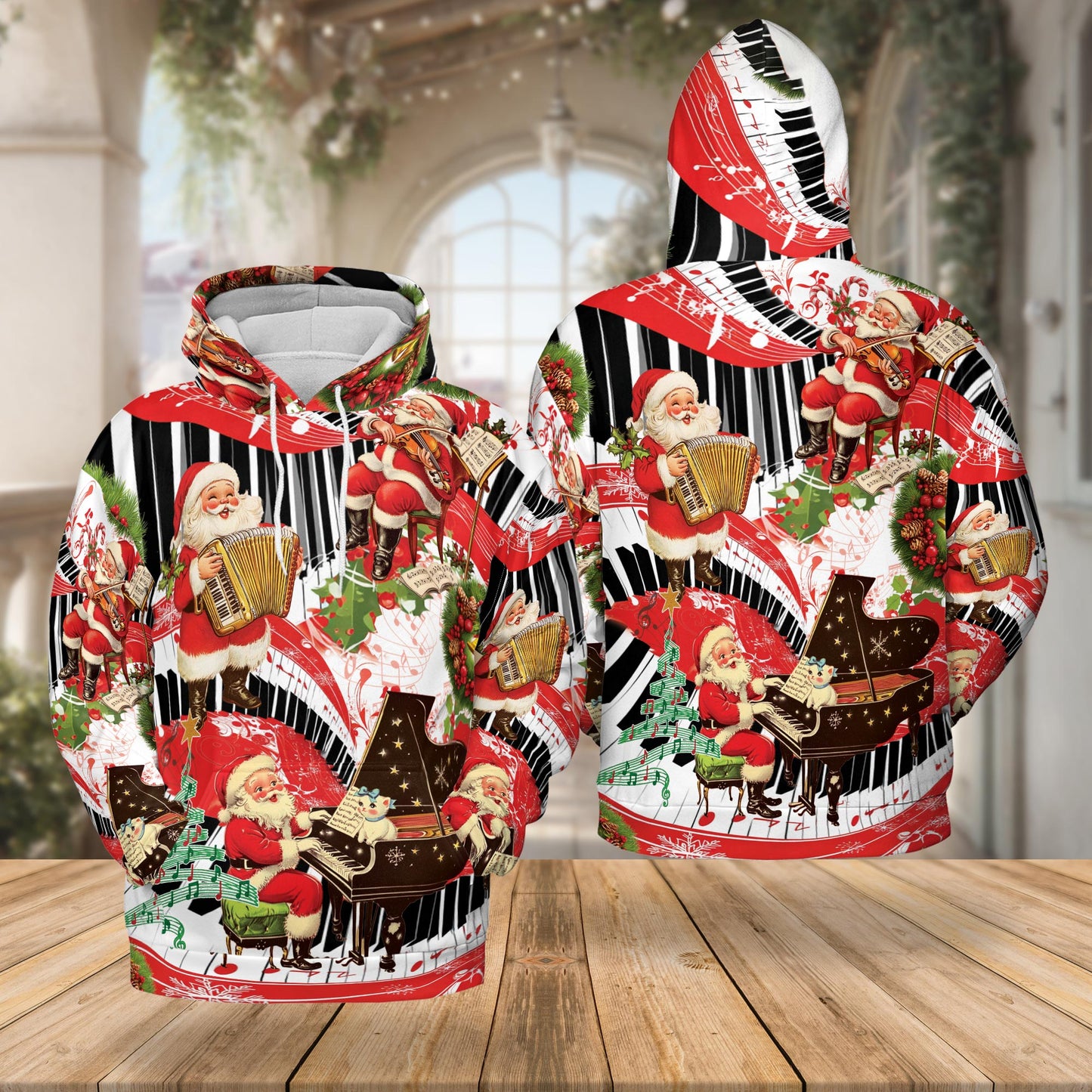 Netecom Santa Claus Playing Musical Christmas 3D Hoodie with Front Pocket, Unisex Casual All Over Graphic Sweatshirt