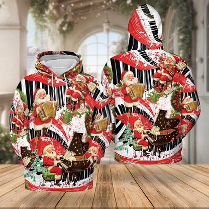 Netecom Santa Claus Playing Musical Christmas 3D Hoodie with Front Pocket, Unisex Casual All Over Graphic Sweatshirt