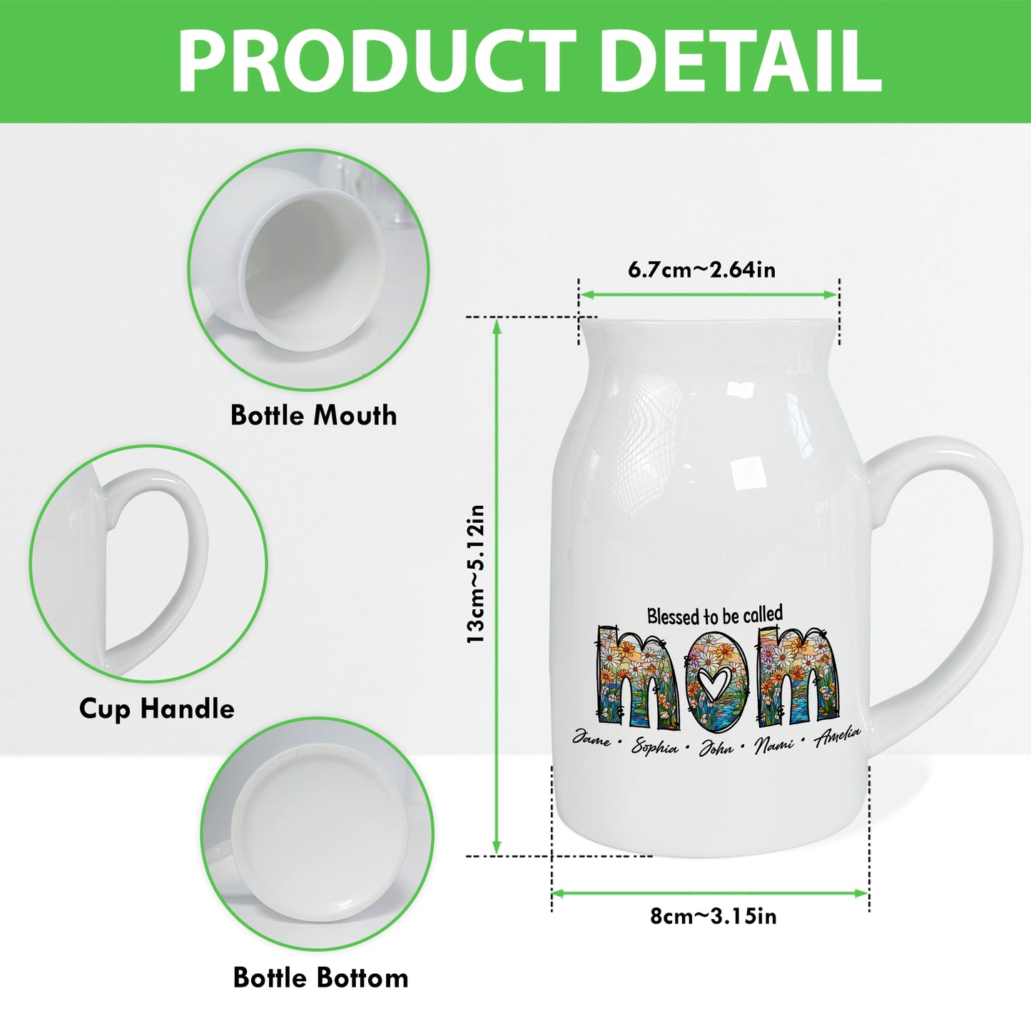 Netecom Custom Floral MOM Ceramic Pitcher, Personalized Name Vase, Perfect Gift for Mother’s Day, Birthday, or Holiday Decor