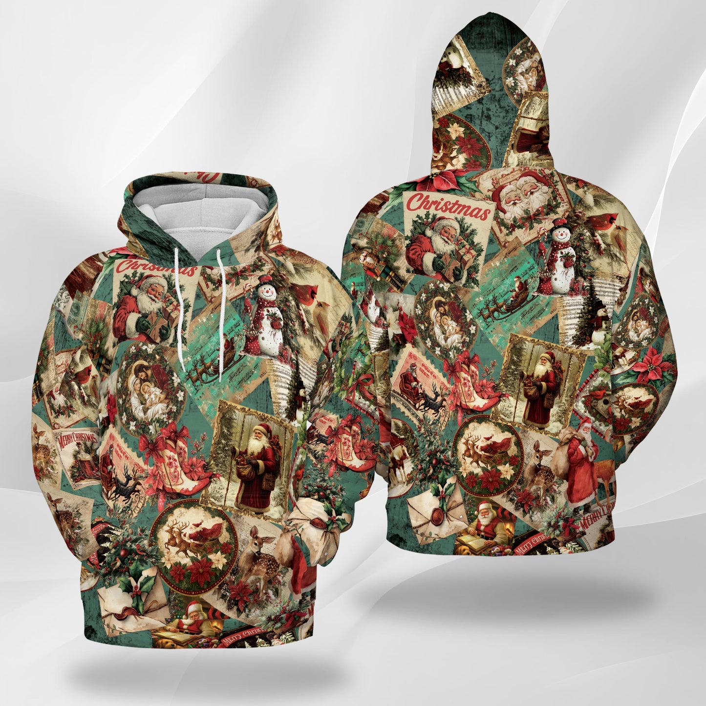 Netecom Merry Christmas Santa Claus Print Hoodie with Front Pocket, All Over Retro Holiday Graphic Sweatshirt Unisex Casual