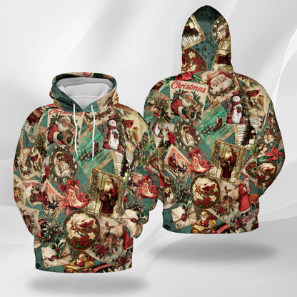 Netecom Merry Christmas Santa Claus Print Hoodie with Front Pocket, All Over Retro Holiday Graphic Sweatshirt Unisex Casual
