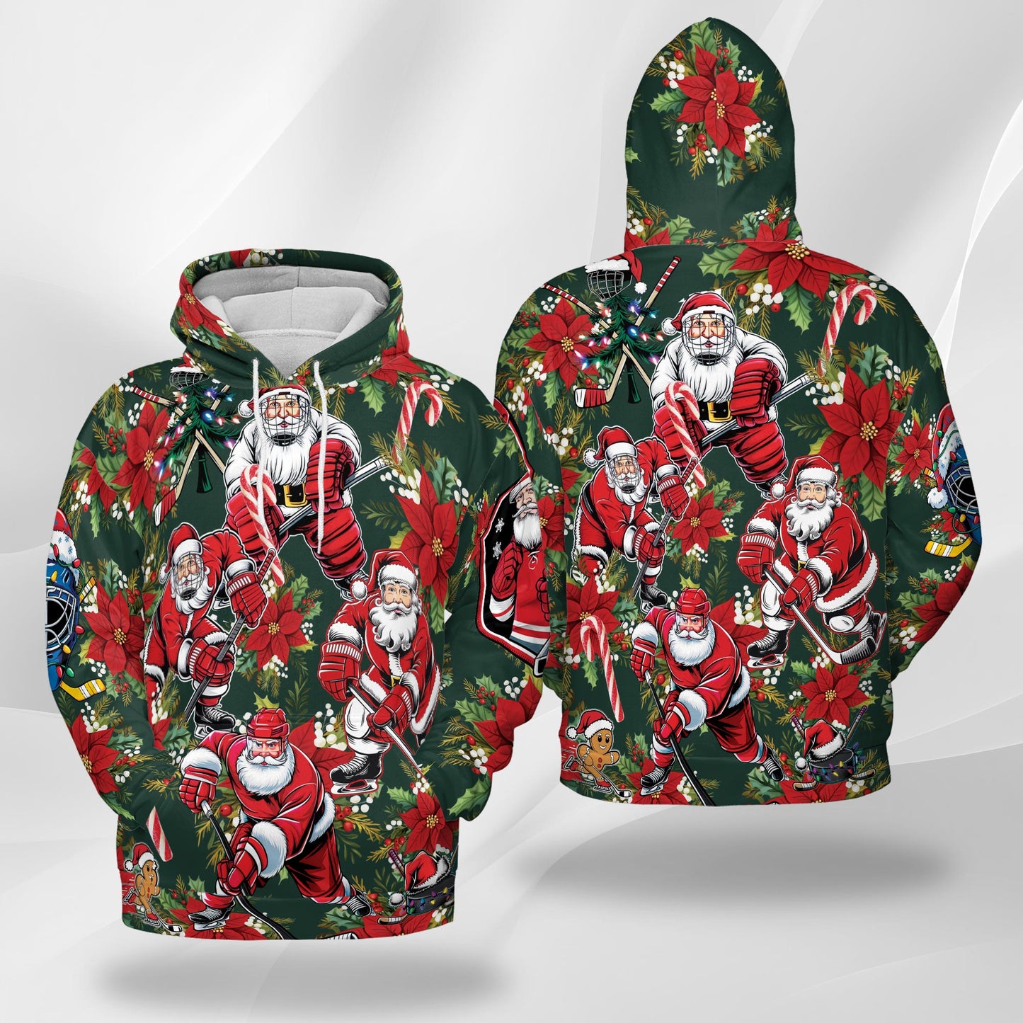 Netecom Santa Claus Hockey Print Hoodie with Front Pocket, All Over Funny Christmas Sports Graphic Sweatshirt Unisex Casual