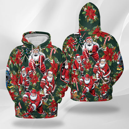 Netecom Santa Claus Hockey Print Hoodie with Front Pocket, All Over Funny Christmas Sports Graphic Sweatshirt Unisex Casual