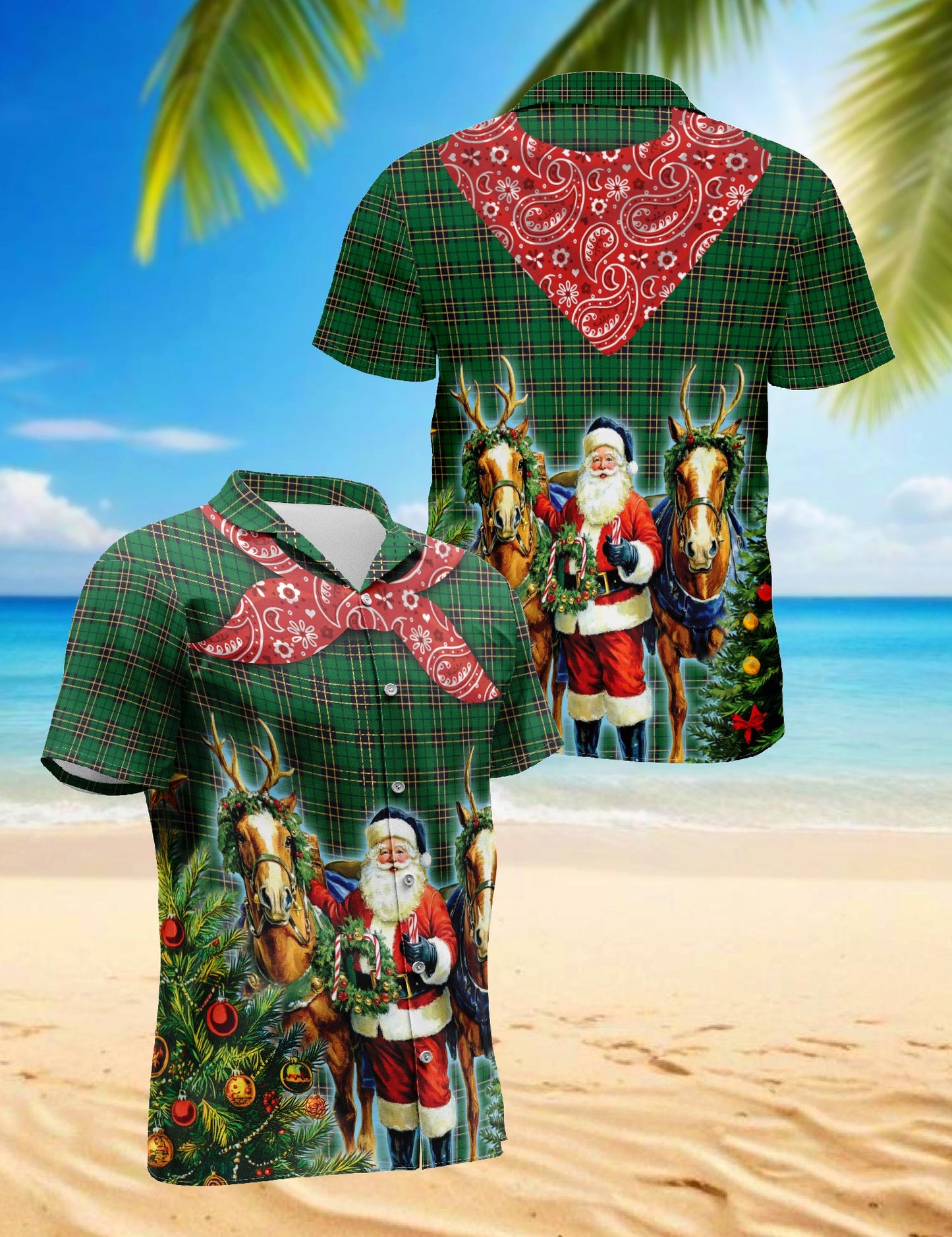 Netecom Santa Claus Cowboy Christmas Plaid Pattern Hawaiian Shirt, Western Christmas Reindeer Wreath Button Down Shirt, S-5XL