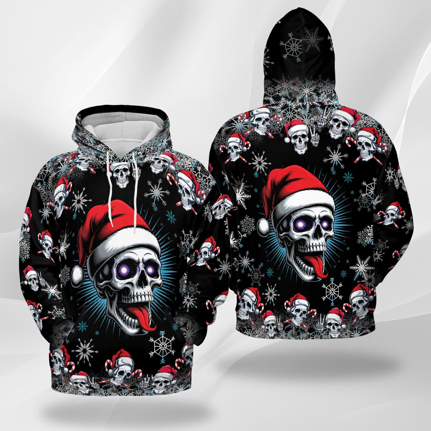 Netecom Skull Christmas Print Hoodie with Front Pocket, All Over Santa Hat Skeleton Graphic Sweatshirt Unisex Casual