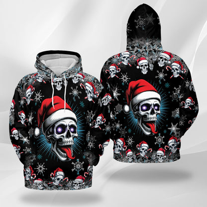 Netecom Skull Christmas Print Hoodie with Front Pocket, All Over Santa Hat Skeleton Graphic Sweatshirt Unisex Casual