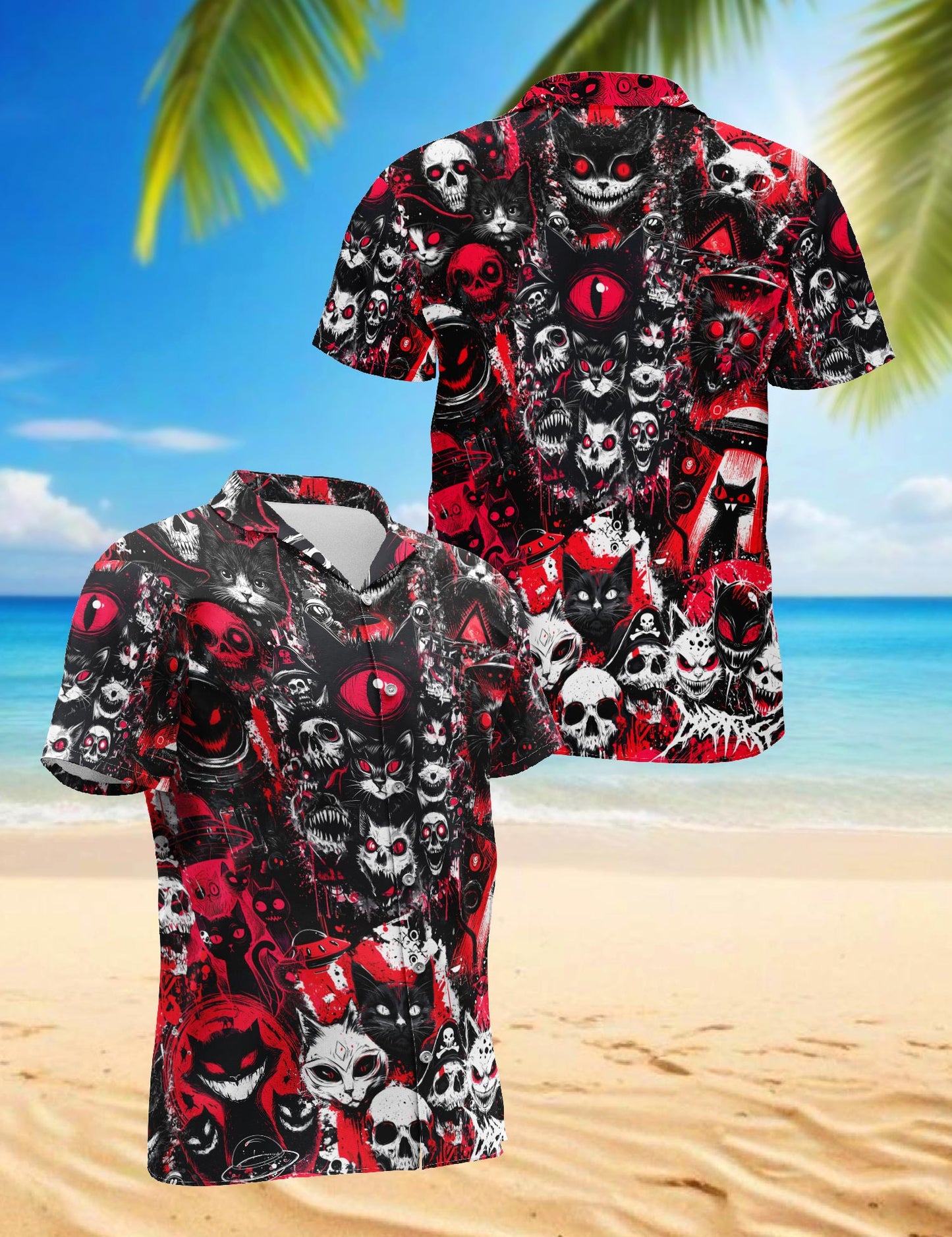 Netecom Black Cat UFO Alien Halloween Hawaiian Shirt for Men, Animal Skull Button Down Summer Beach Shirts, S-5XL