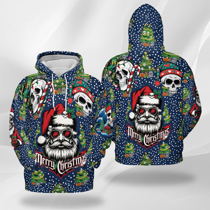 Netecom Santa Skull Christmas Print Hoodie with Front Pocket, All Over Graphic Gothic Skeleton Santa Sweatshirt Unisex Casual
