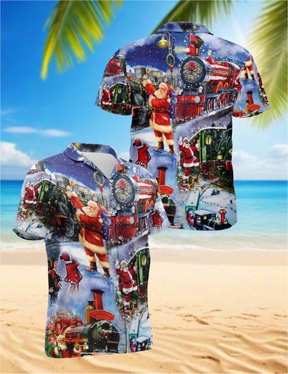 Netecom Santa Claus Christmas Train Hawaiian Shirt, Holiday Locomotive Night Ride Short Sleeve Button Down Shirt, S-5XL
