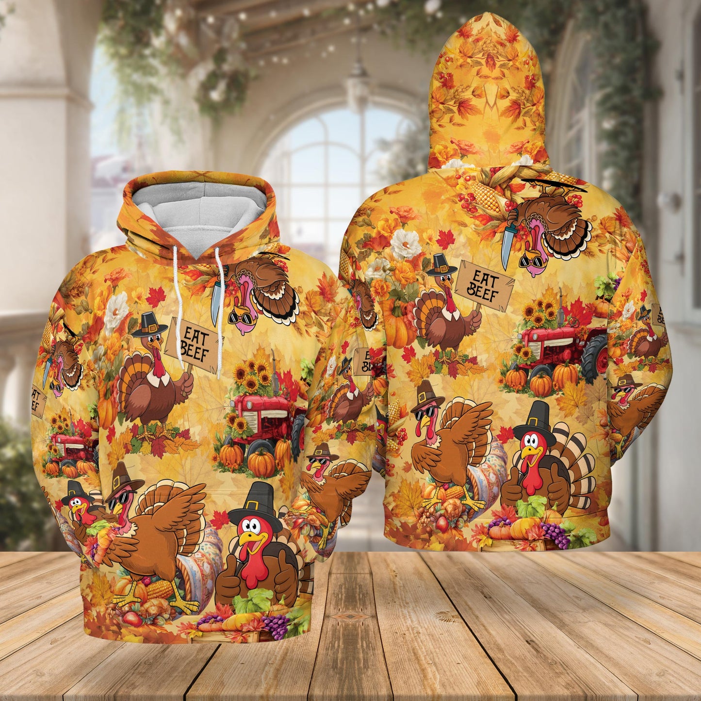 Netecom Funny Thanksgiving Turkey 3D Hoodie with Front Pocket, Unisex Casual All Over Eat Beef Graphic Sweatshirt