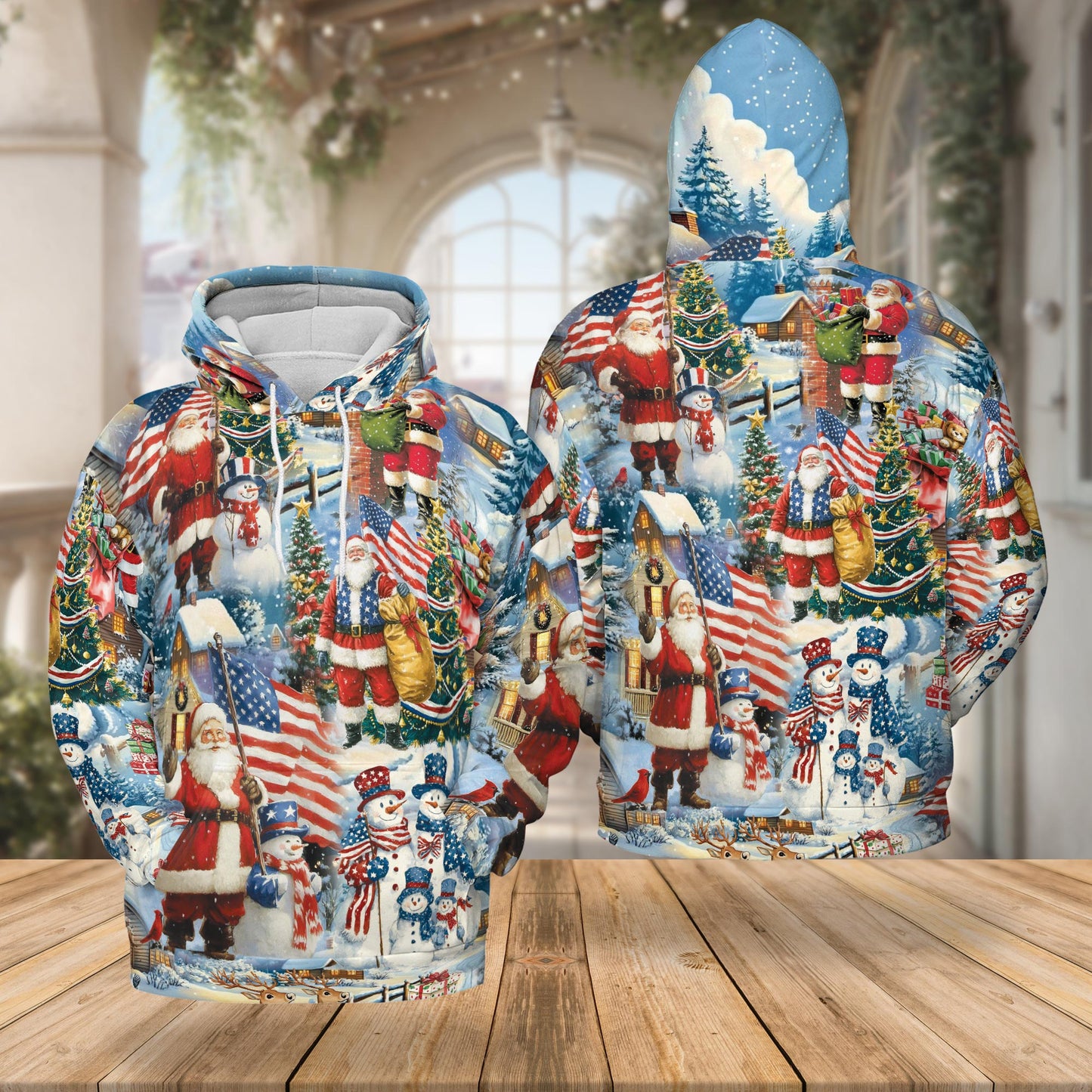 Netecom Santa Claus American Flag Christmas 3D Hoodie with Front Pocket, Unisex Casual All Over Graphic Sweatshirt