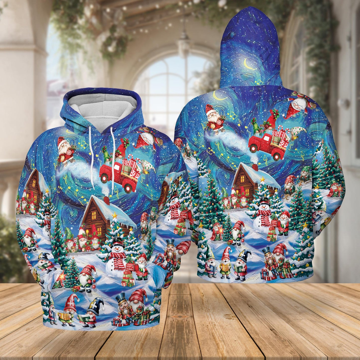 Netecom Christmas Gnome 3D Hoodie with Front Pocket, Unisex Casual All Over Funny Santa Elf Graphic Sweatshirt