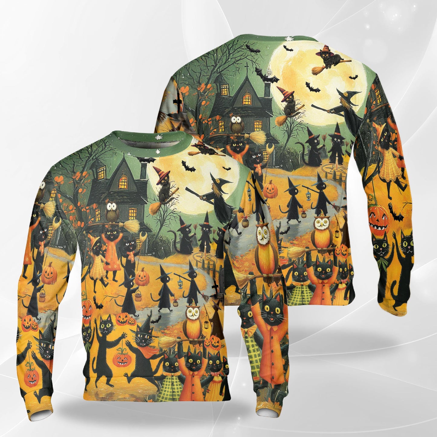 Netecom Halloween Black Cat Witch Sweatshirt 3D All Over Print, Spooky Pumpkin Night, Crewneck Pullover for Costume Party
