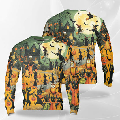 Netecom Halloween Black Cat Witch Sweatshirt 3D All Over Print, Spooky Pumpkin Night, Crewneck Pullover for Costume Party
