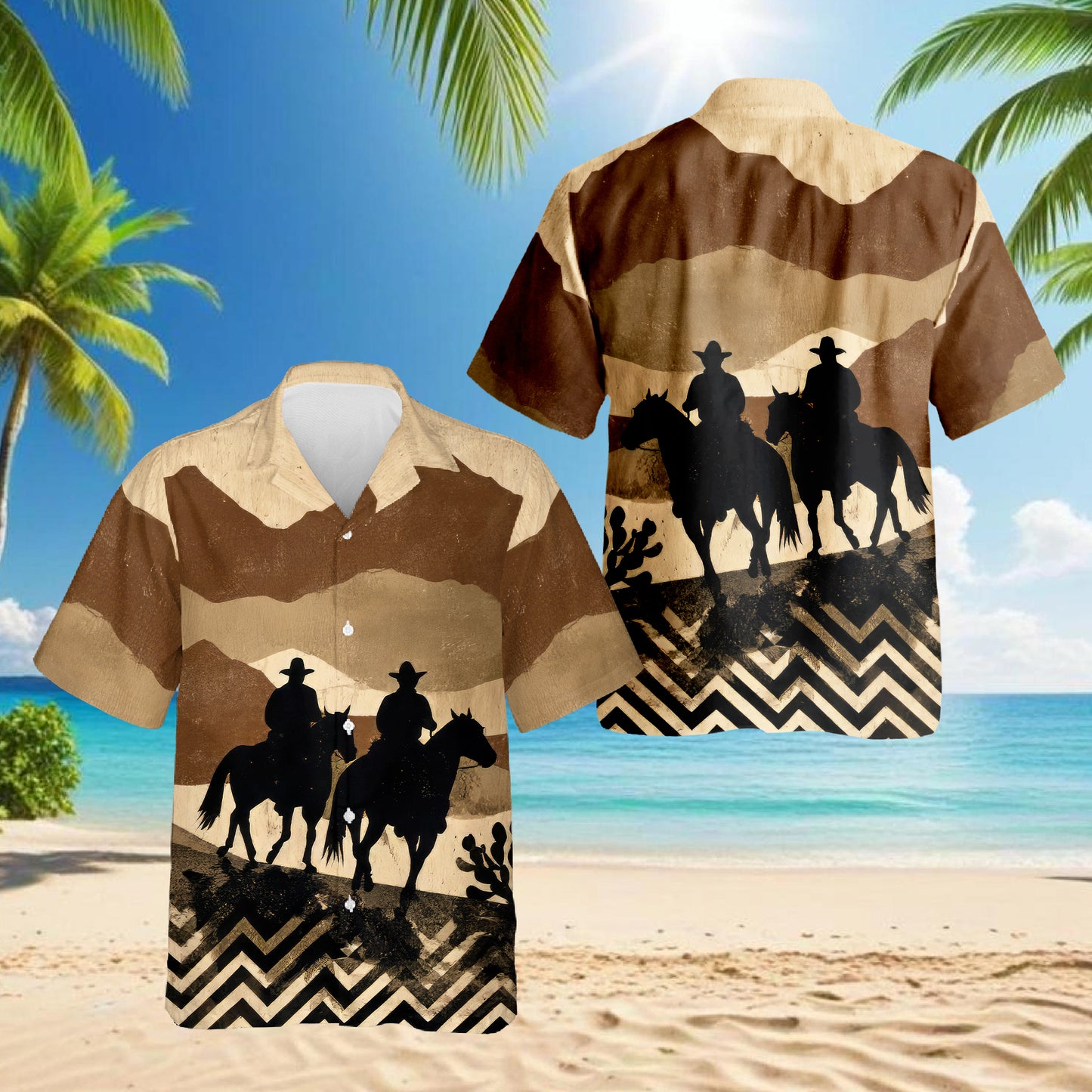 Netecom Cowboys on Horseback Hawaiian Shirt for Men, Western Desert Rider Button Down Summer Beach Short Sleeve Shirt