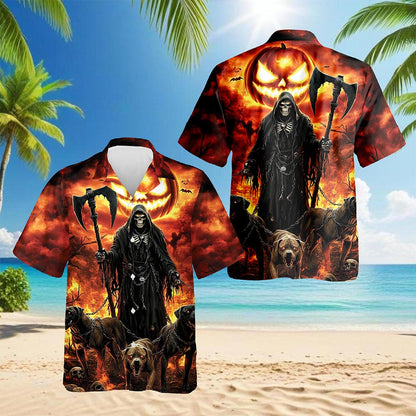 Netecom Grim Reaper Hawaiian Shirt for Men, Halloween Present, Dark Hellhound Button Down Summer Beach Shirts, S-5XL