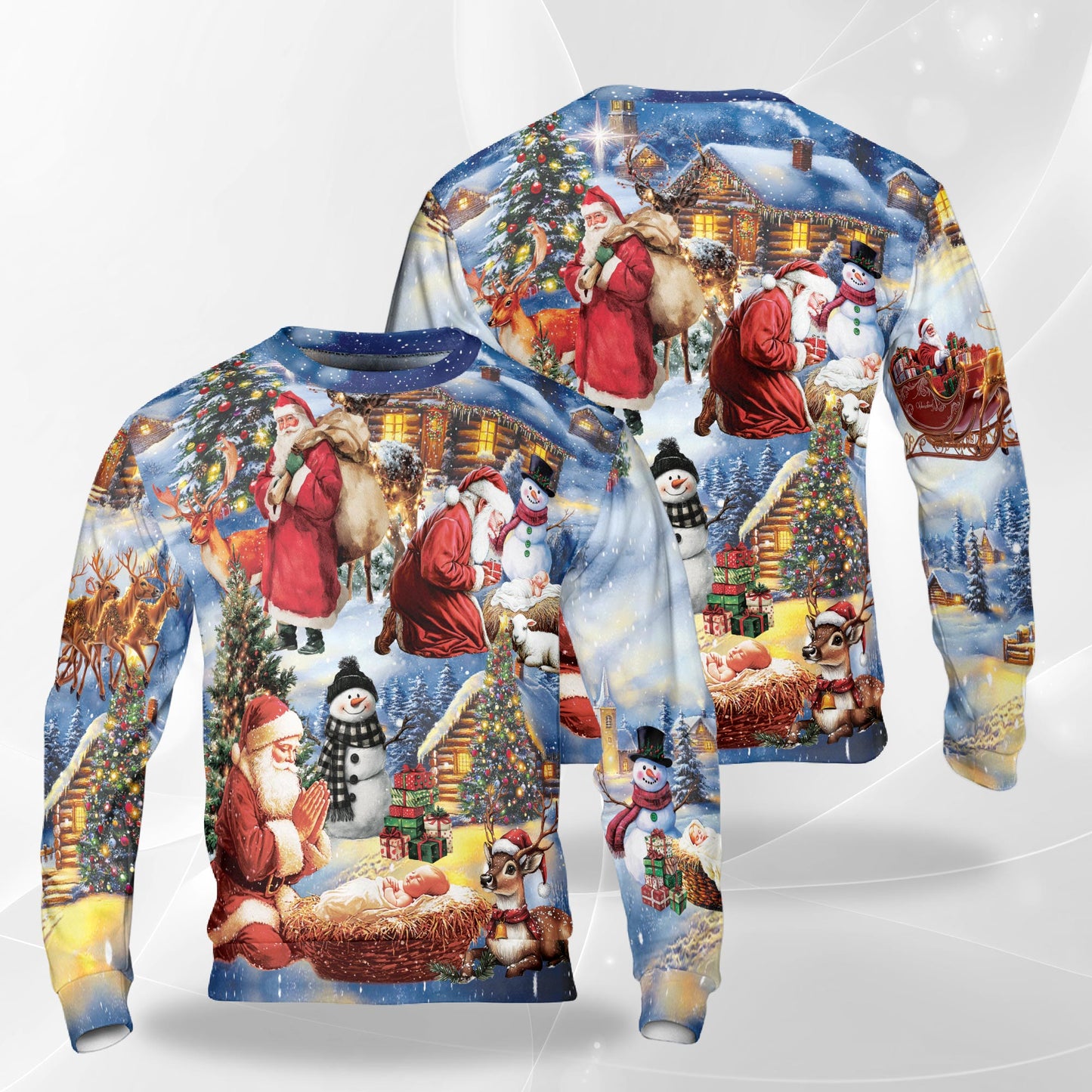 Netecom Christmas Santa Clause Sweatshirt 3D All Over Print, Nativity Scenes Design, Crewneck Pullover for Costume Party