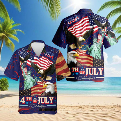 Netecom 4th of July Independence Day Hawaiian Shirt, Patriotic Eagle Button Down Summer Beach Shirts