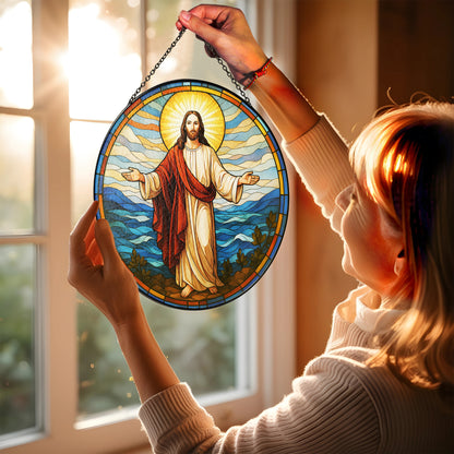 Netecom Jesus Stained Glass Suncatcher, 8 in – Religious Window Ornament for Home & Church