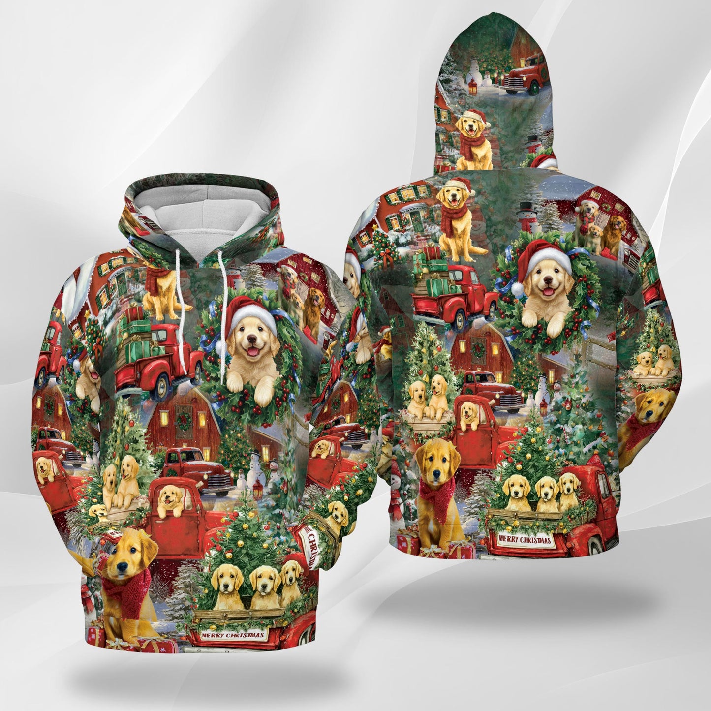 Netecom Golden Retriever Christmas Print Hoodie with Front Pocket, All Over Festive Dog Graphic Sweatshirt Unisex Casual
