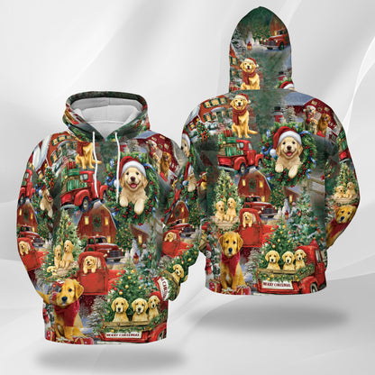 Netecom Golden Retriever Christmas Print Hoodie with Front Pocket, All Over Festive Dog Graphic Sweatshirt Unisex Casual