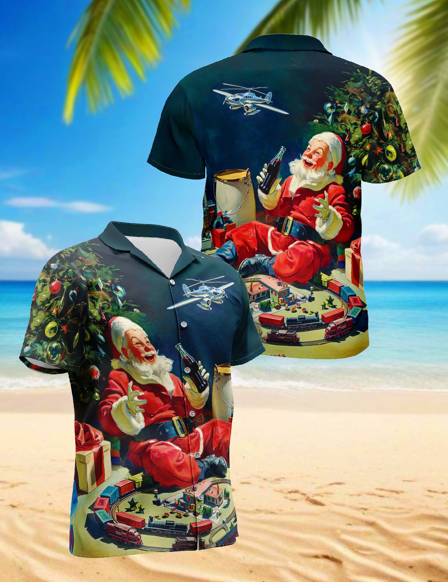 Netecom Vintage Santa Claus Christmas Train Hawaiian Shirt for Men, Retro Santa Xmas Button Down Short Sleeve Shirt