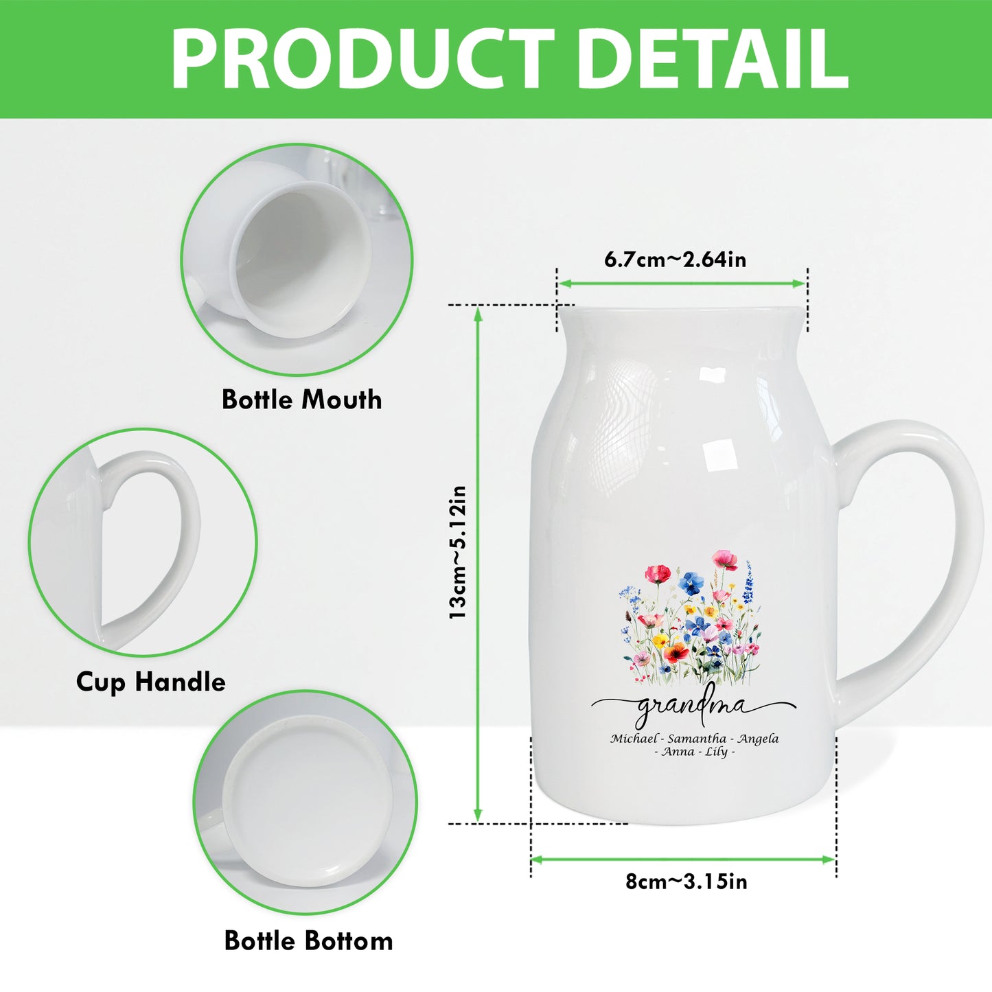 Netecom Personalized Ceramic Jug Vase with Custom Title and Names, Perfect Gift for Grandma, Mother’s Day, or Family Occasions