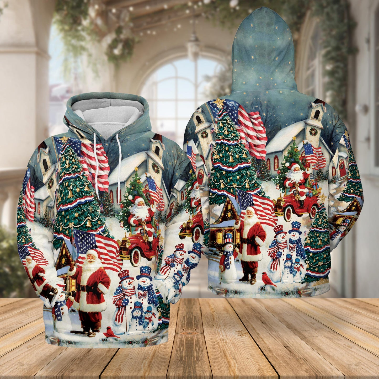 Netecom American Flag Santa Christmas 3D Hoodie with Front Pocket, Unisex Casual All Over Patriotic Graphic Sweatshirt