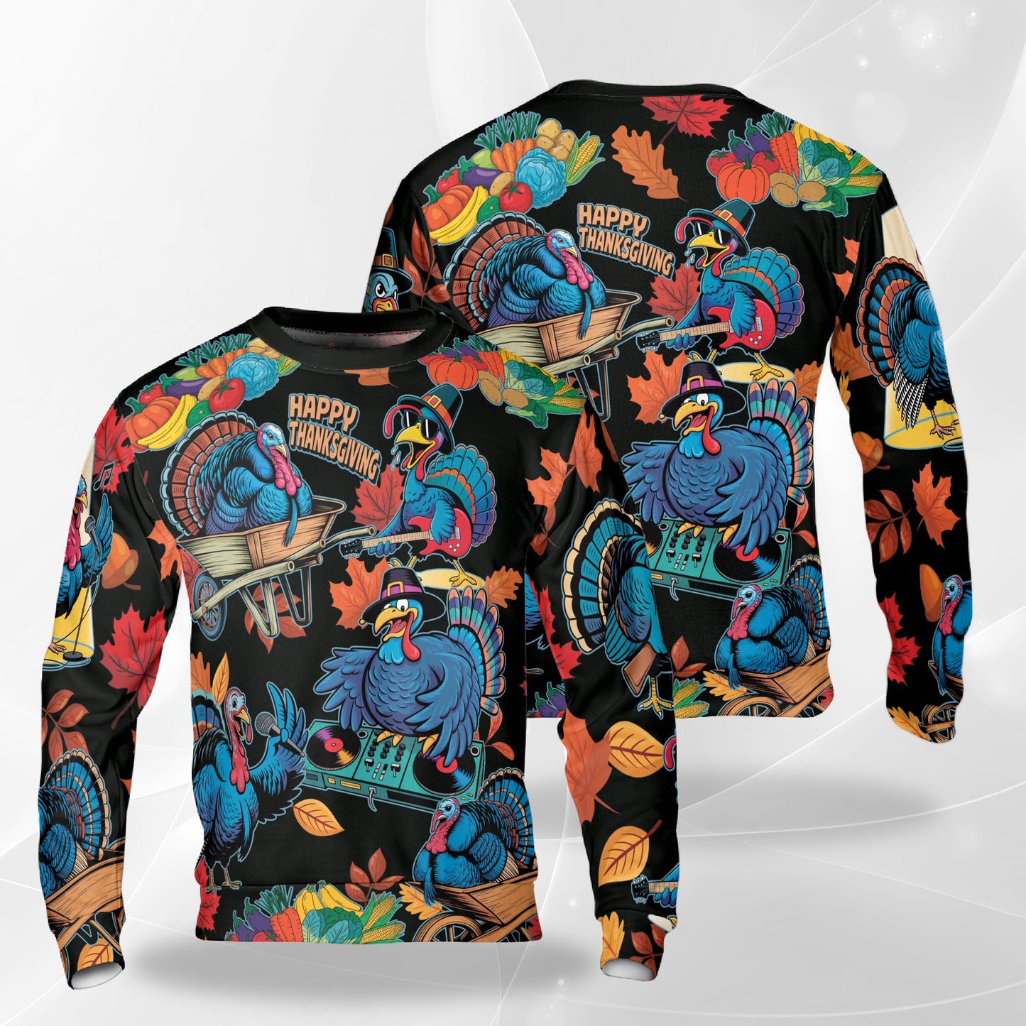 Netecom Thanksgiving Turkey Music Sweatshirt 3D All Over Print, Holiday Autumn Design, Crewneck Pullover for Costume Party