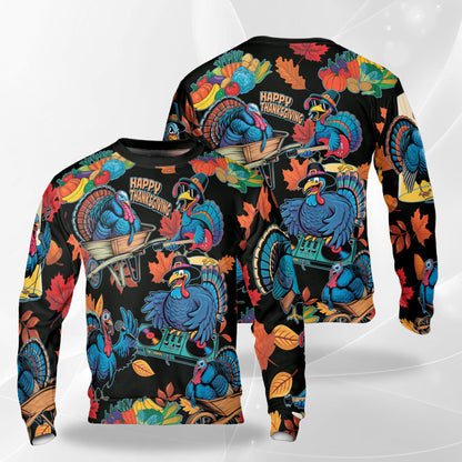 Netecom Thanksgiving Turkey Music Sweatshirt 3D All Over Print, Holiday Autumn Design, Crewneck Pullover for Costume Party