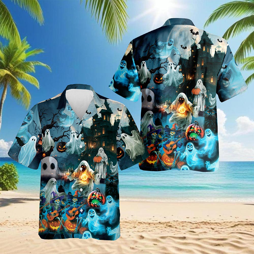 Netecom Halloween Ghost Hawaiian Shirt for Men, Ghost Skeleton Button Down Summer Beach Short Sleeve Shirts, S-5XL