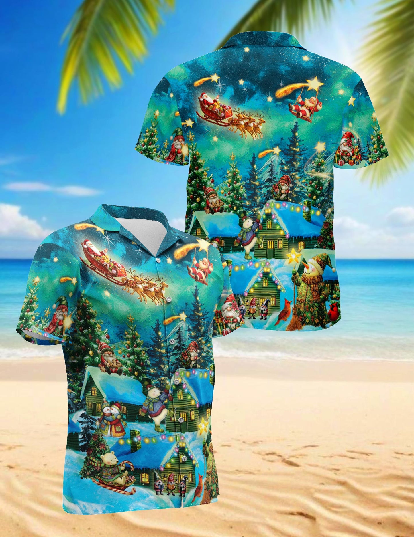 Netecom Magical Christmas Night Scene Hawaiian Shirt, Whimsical Santa Snowman Holiday Button Down Summer Beach Shirts, S-5XL