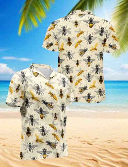 Netecom Bee Art Hawaiian Shirt for Men, Bee Lover Gifts, Insect Button Down Summer Beach Short Sleeve Shirts