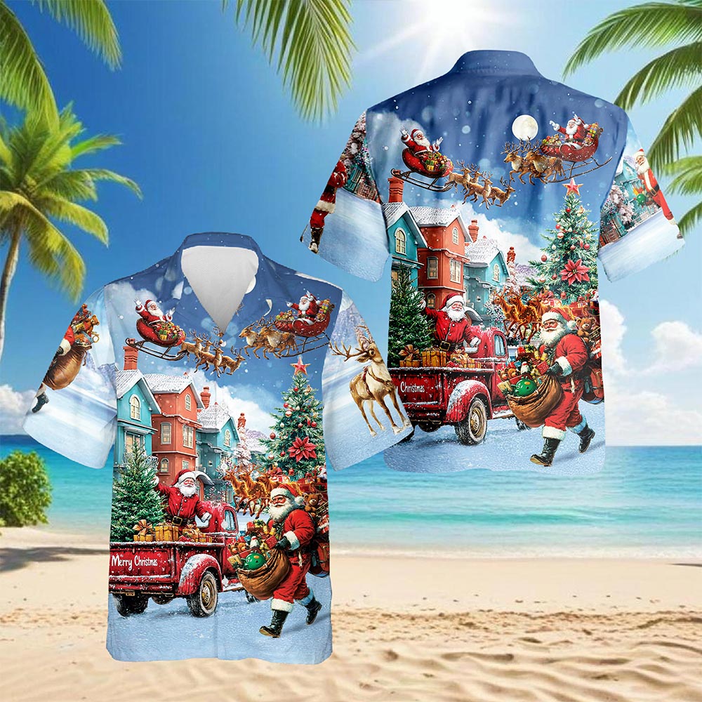 Netecom Santa Claus Christmas Hawaiian Shirt for Men Women, Funny Holiday Button Down Summer Beach Short Sleeve Shirts, S-5XL