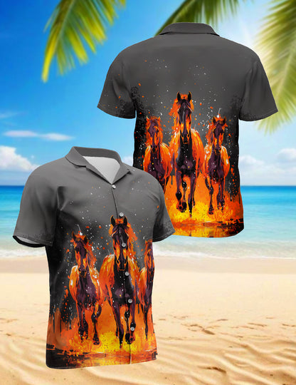 Netecom Fire Horse Hawaiian Shirt for Men, Horse Lover Gifts, Flames Animal Button Down Summer Aloha Beach Shirts