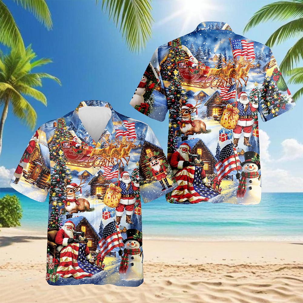 Netecom Patriotic Santa Claus Christmas Hawaiian Shirt for Men, USA Flag Holiday Print Button Down Summer Beach Shirt, S-5XL
