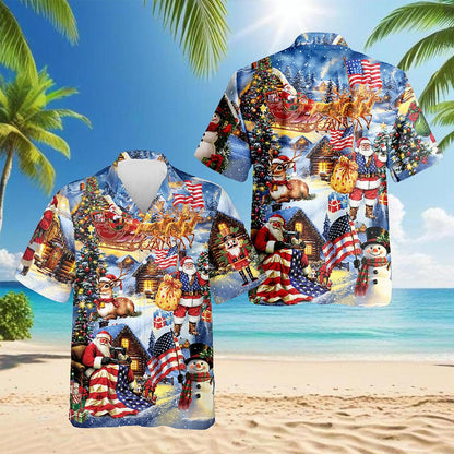 Netecom Patriotic Santa Claus Christmas Hawaiian Shirt for Men, USA Flag Holiday Print Button Down Summer Beach Shirt, S-5XL