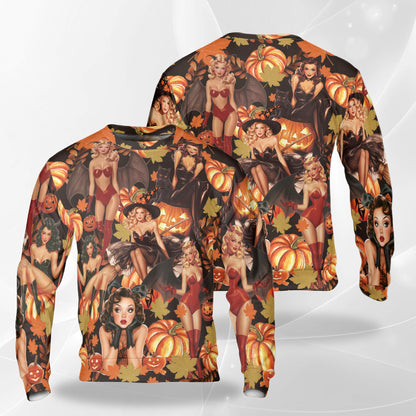 Netecom Halloween Pin Up Girl Pumpkin Sweatshirt 3D All Over Print, Retro Spooky Outfit, Crewneck Pullover for Costume Party