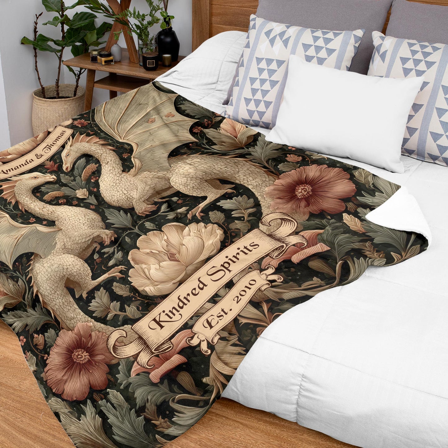 Netecom Personalized Dragon Couple Blanket with Names and Established Date, Gothic Floral Fantasy Throw Blanket for Couch, Bed or Sofa, Romantic Gift for Couples, Anniversary or Wedding Present