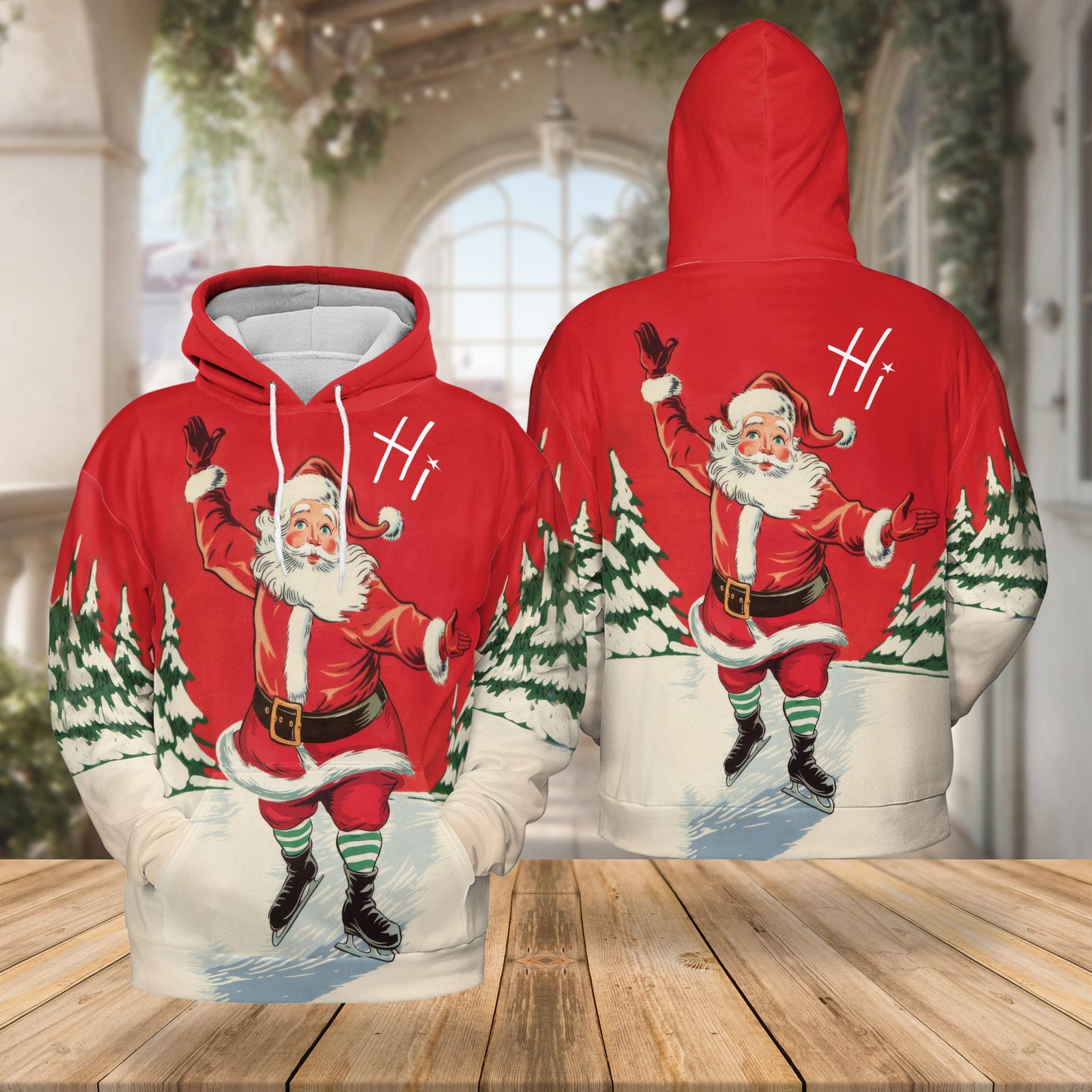 Neteco Ice Skating Santa 3D Hoodie with Front Pocket, Unisex Casual All Over Fashion Christmas Graphic Sweatshirt