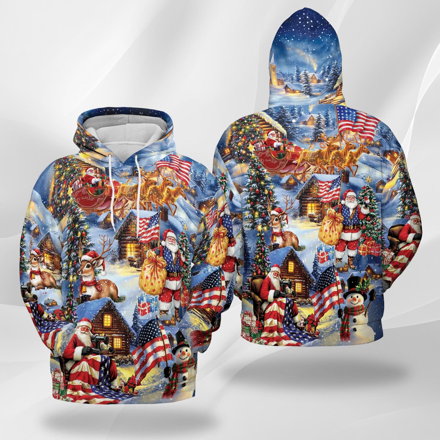 Netecom Patriotic Santa Claus Print Hoodie with Front Pocket, All Over USA Flag Holiday Graphic Sweatshirt Unisex Casual